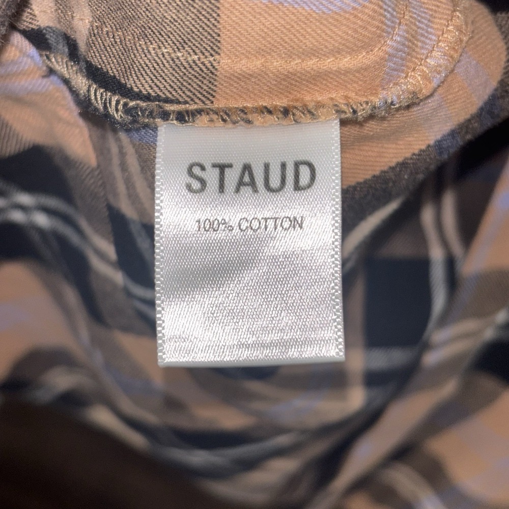 STAUD Plaid Cotton Midi Dress Button Front Puff Sleeve Women's Size Medium Tan - Picture 10 of 11